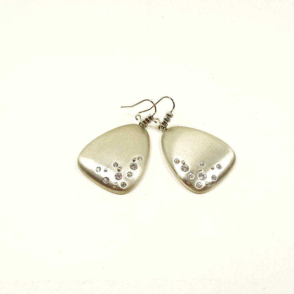 ABS by ALLEN SCHWARTZ Brushed Silver Tone Metal Clear Crystals Drop Earrings